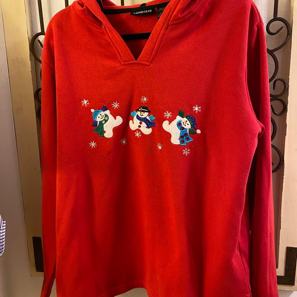 Ladies Club Red Hooded Fleece Christmas Sweatshirt W/ Dancing Snowmen~Size L